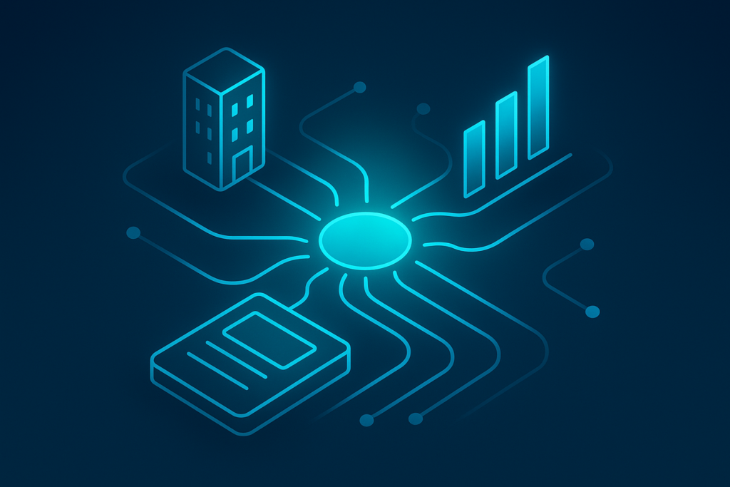 Futuristic control hub with glowing cyan nodes, circuits, and data visuals on dark blue background.
