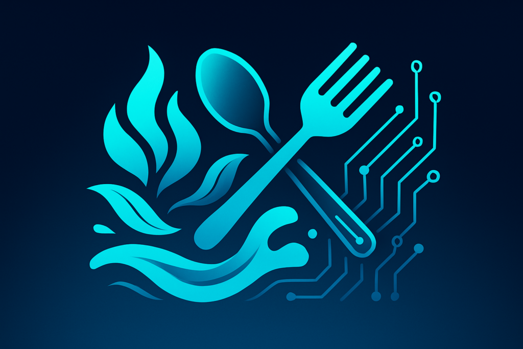 Futuristic culinary illustration with neon accents, abstract flames, liquid ribbons, and circuit-inspired cutlery.