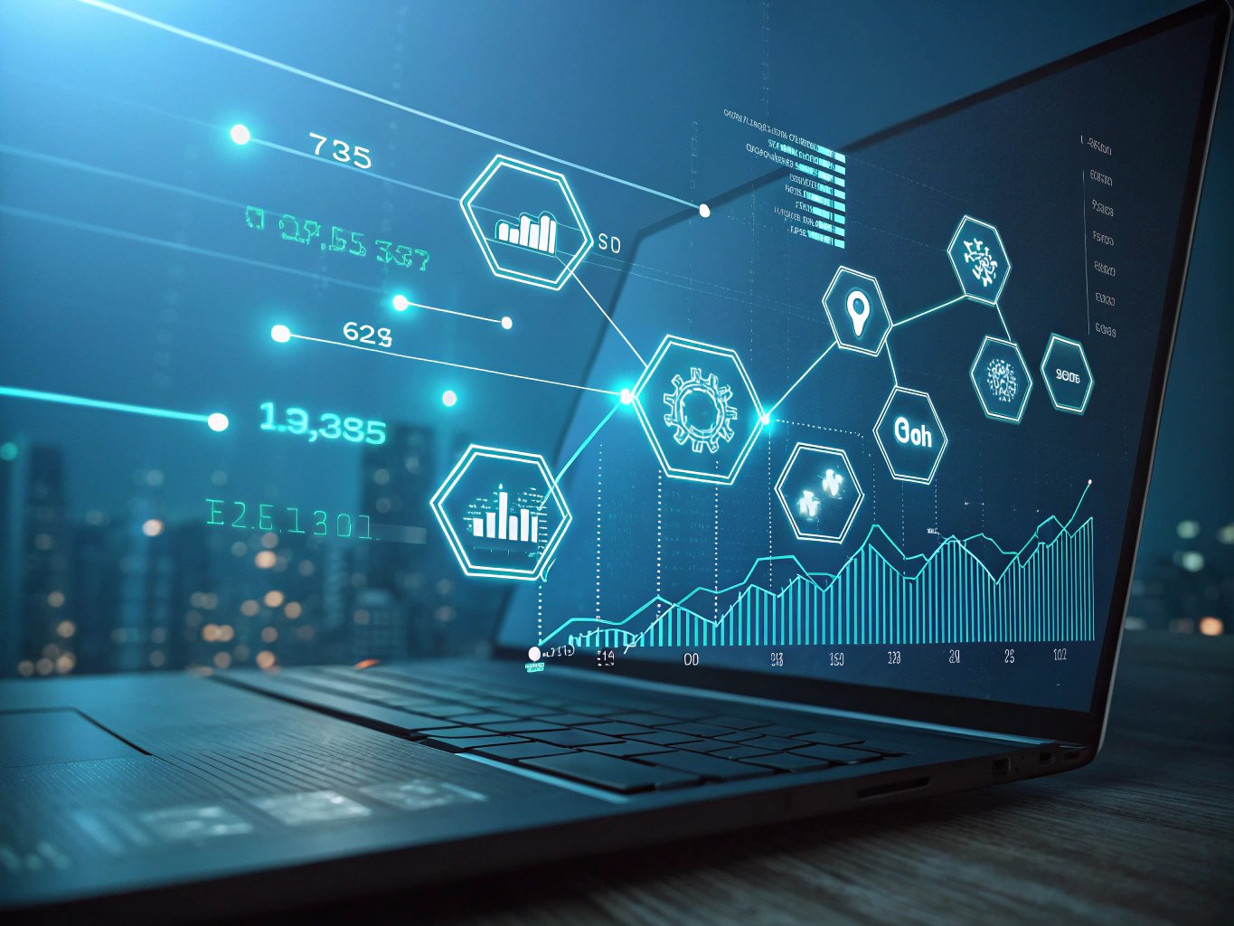 Futuristic data visualization with glowing nodes, bars, and pulse waves on dark blue background.