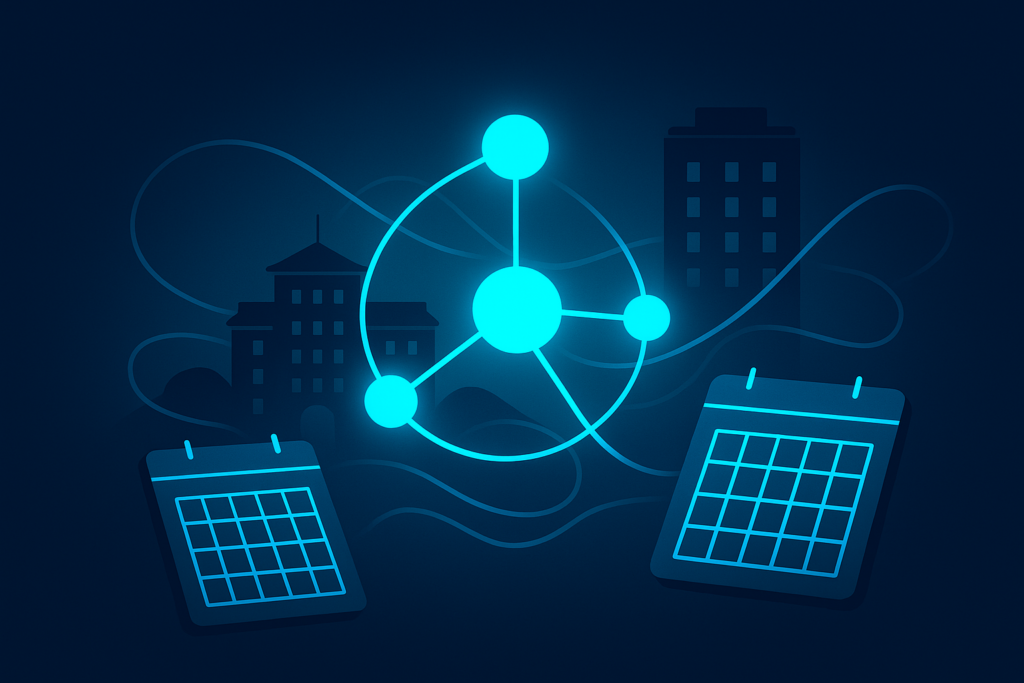 Futuristic digital booking network with hotel silhouettes, interconnected glowing nodes, and fluid communication lines.