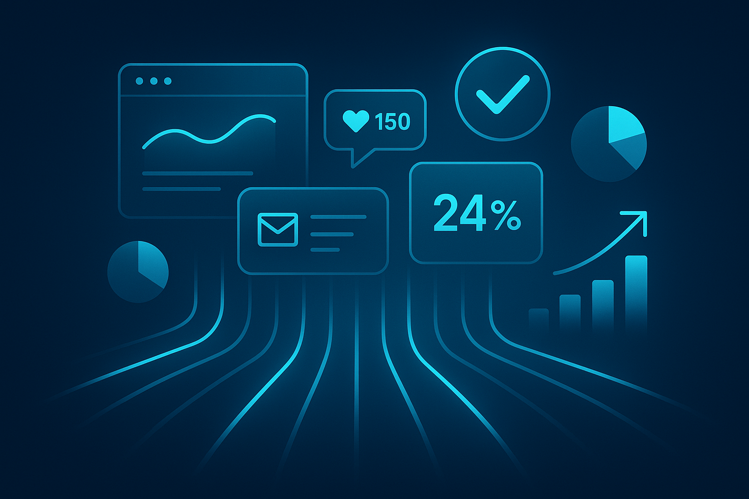 Futuristic digital dashboard with glowing data streams, geometric shapes, and strategic analytics visualization.