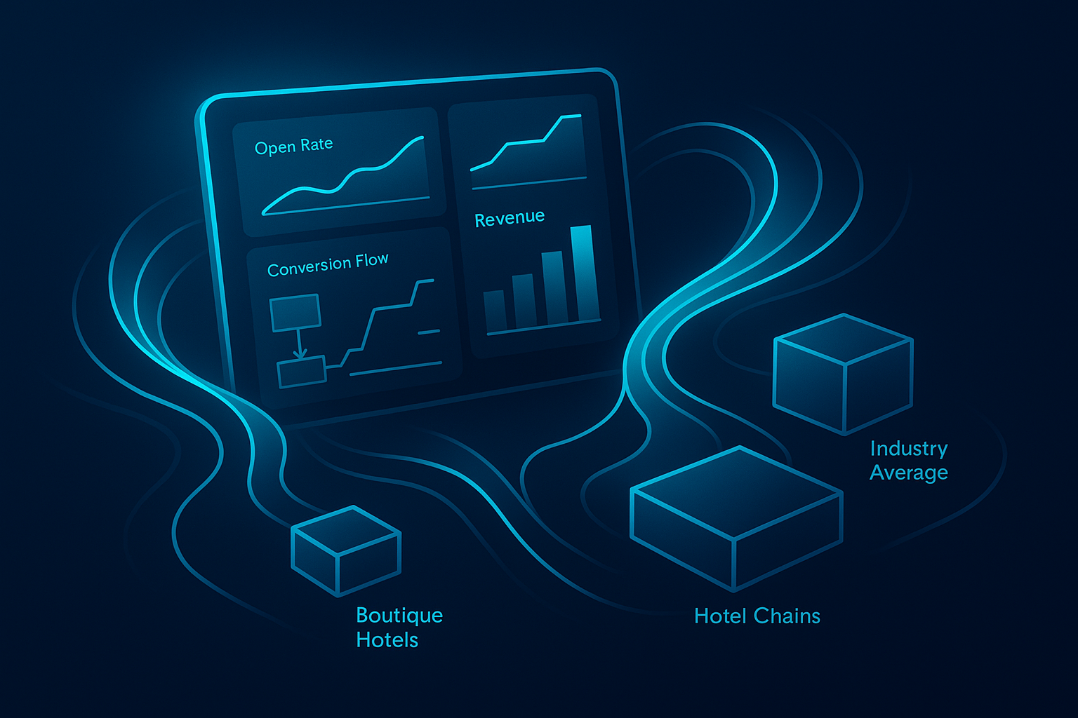 Futuristic digital dashboard with neon data streams and geometric hotel icons on dark background.