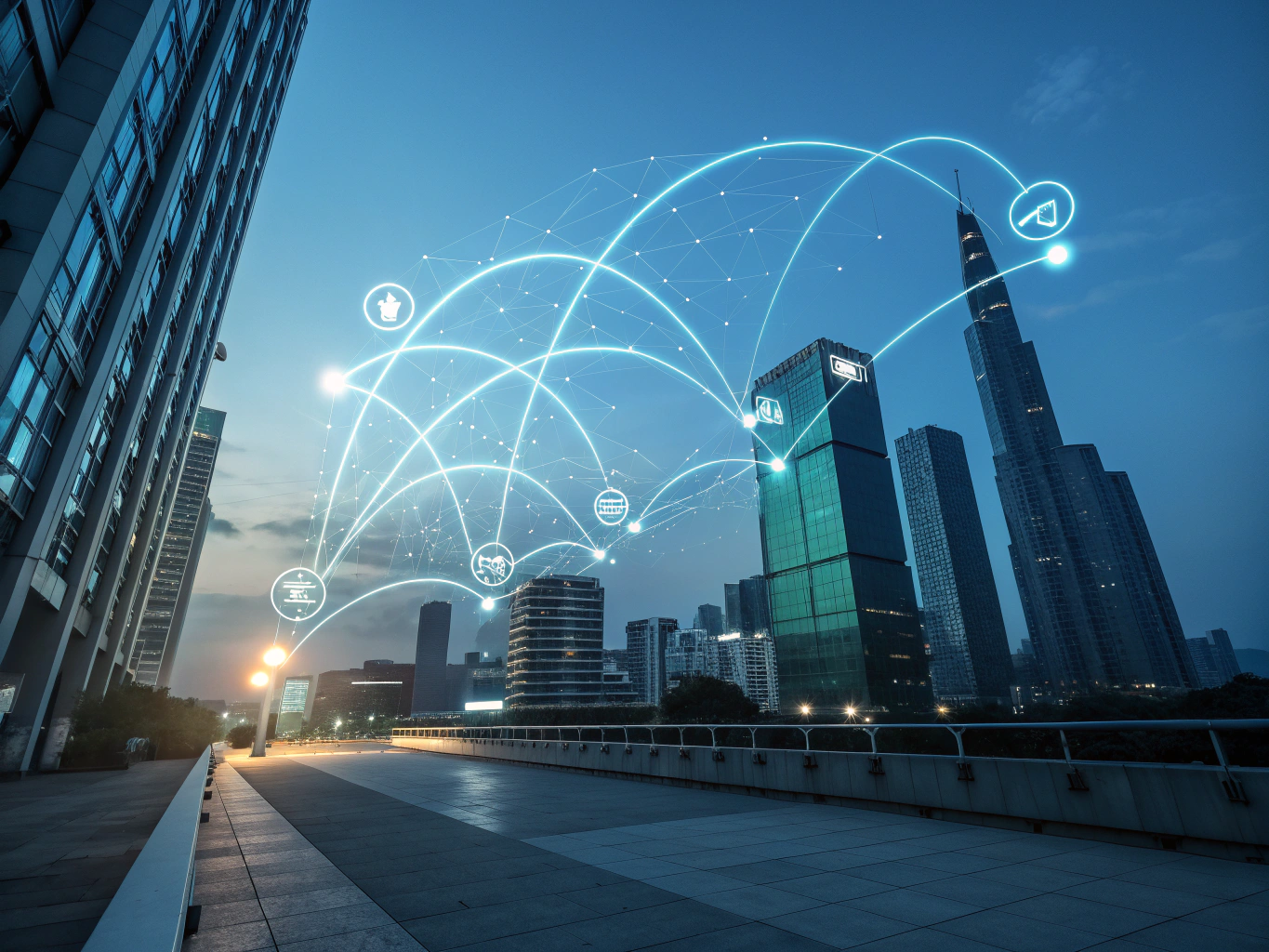 Futuristic digital ecosystem with glowing data streams, geometric shapes, and rising arrows.