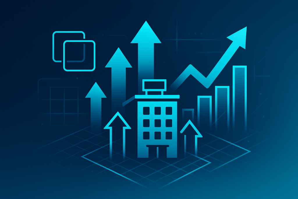Futuristic digital illustration with geometric shapes, upward arrows, hotel icons, and neon blue glow.