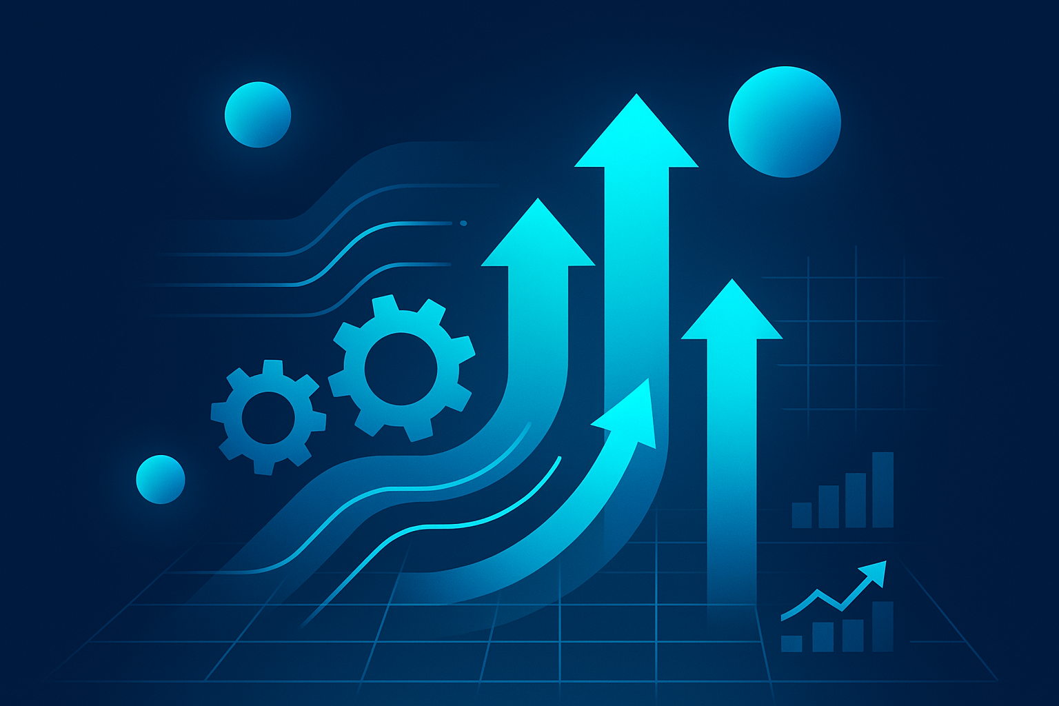 Futuristic digital illustration with geometric shapes, glowing arrows, and pulsing orbs symbolizing growth and efficiency.