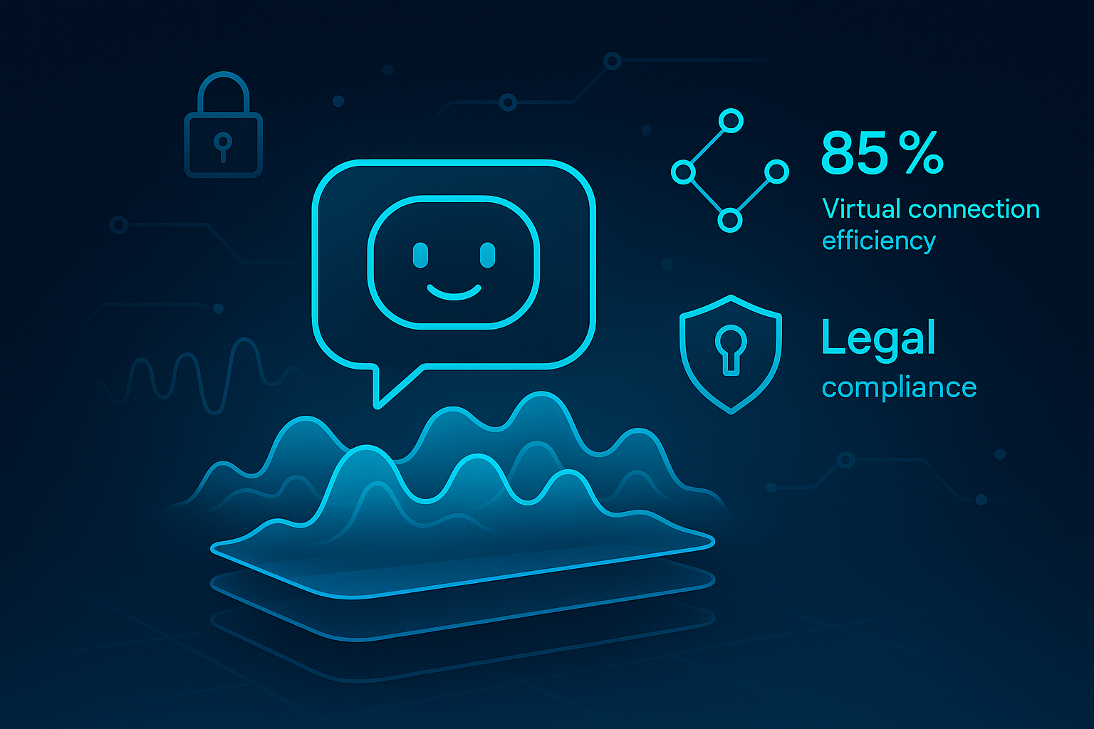 Futuristic digital illustration with waveform patterns, glowing nodes, and security icons on dark blue background.
