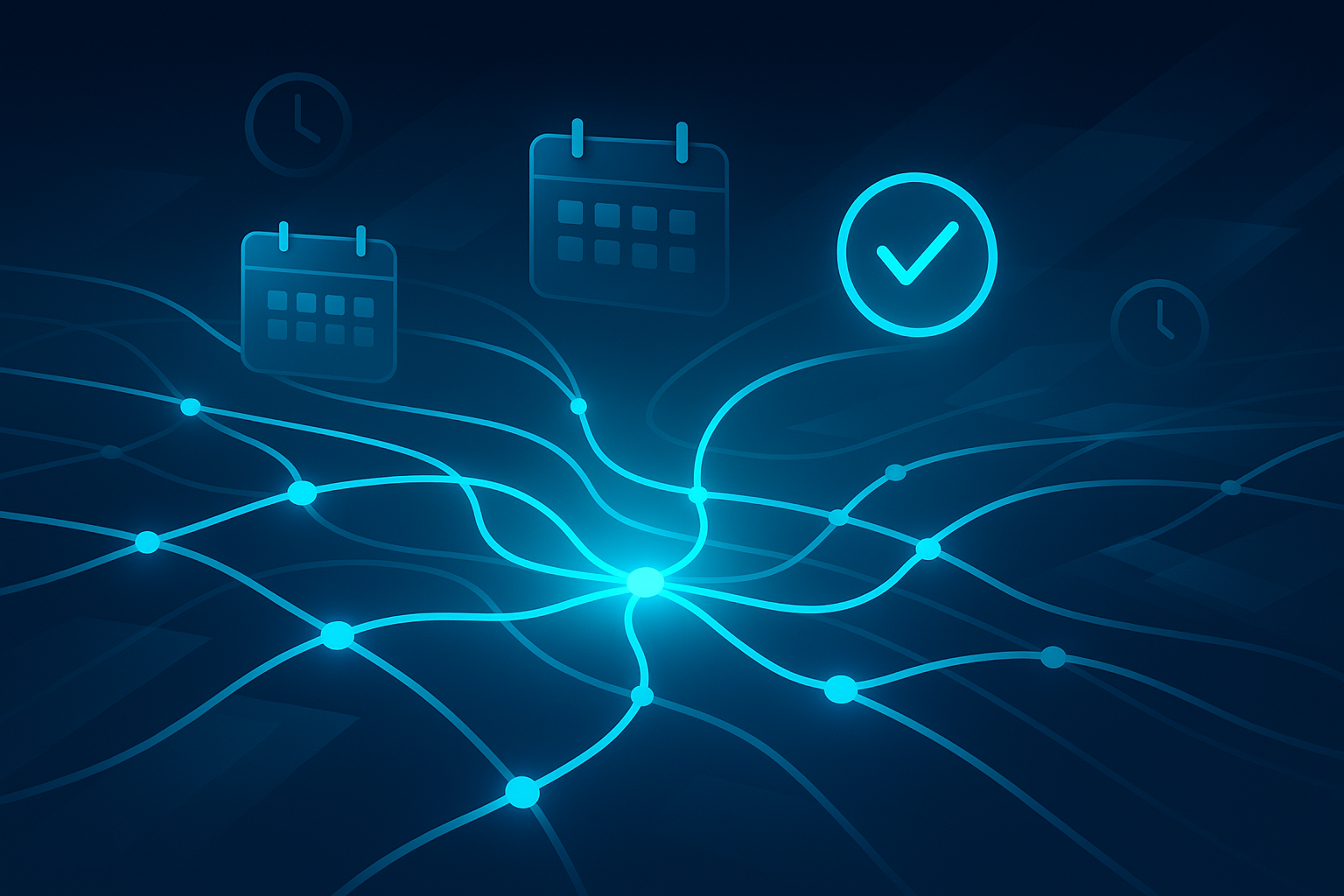 Futuristic digital landscape with glowing lines, nodes, floating calendars, and clock motifs.