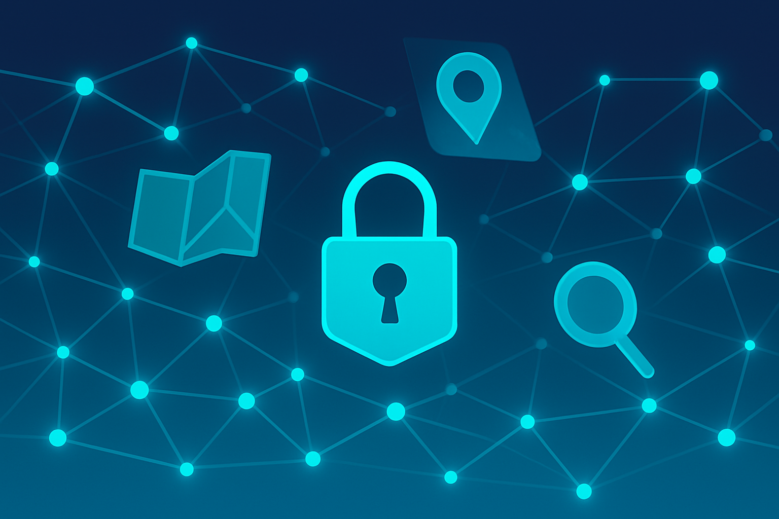 Futuristic digital network with a geometric lock, icons, and glowing interconnected nodes.