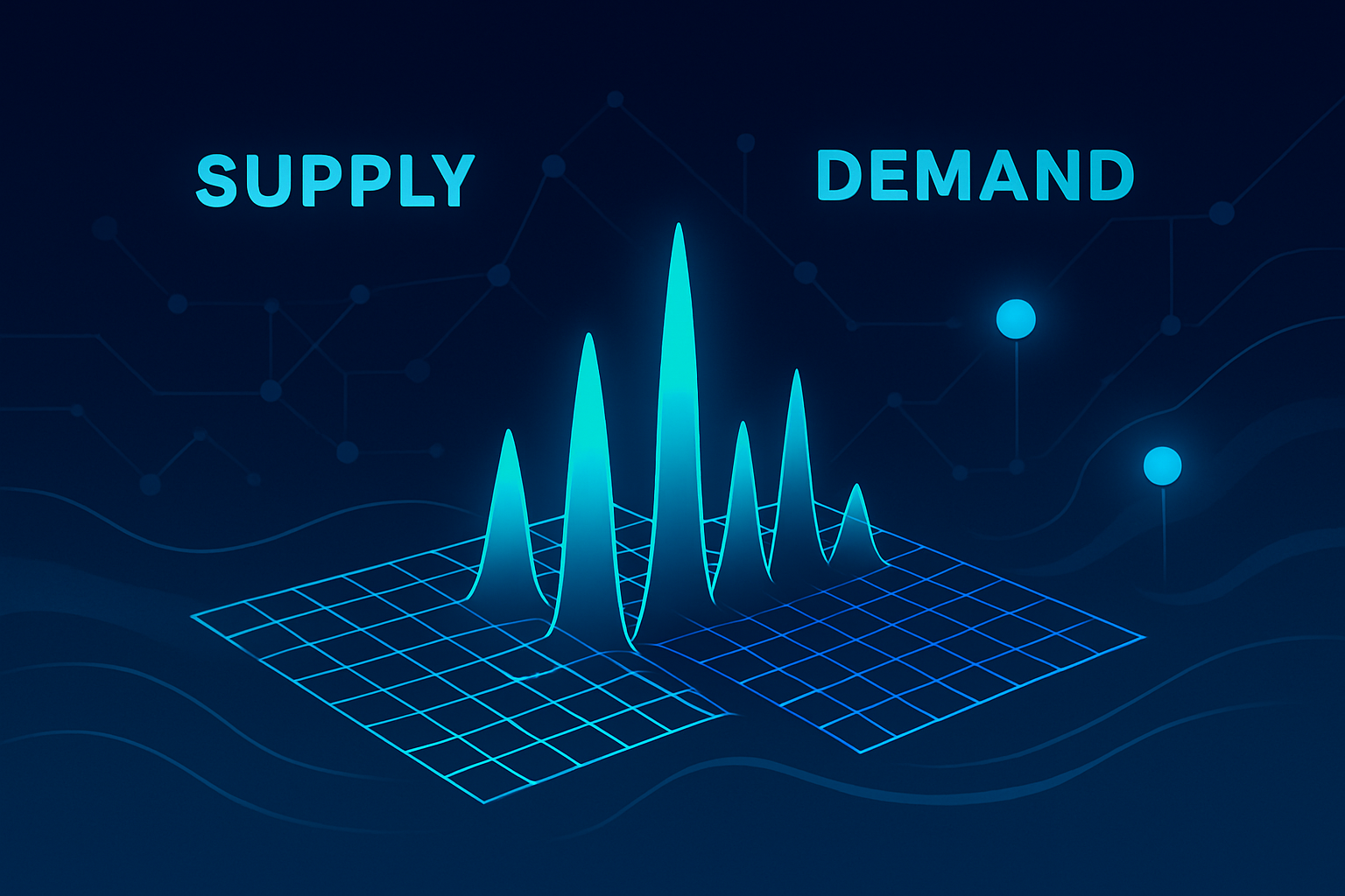 Futuristic digital network with geometric shapes, glowing spikes, and flowing curves representing data flow.