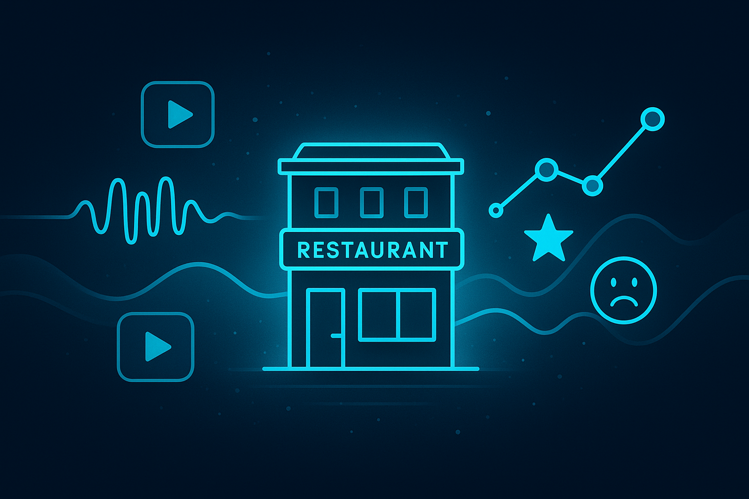 Futuristic digital network with voice waves, video icons, and sentiment graphs in neon blue tones.