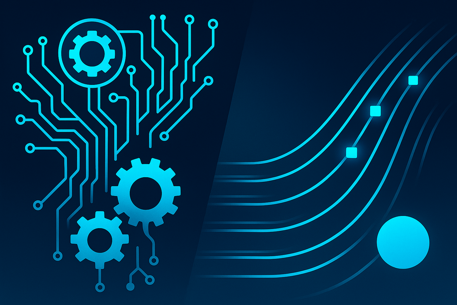 Futuristic digital scene contrasting intricate circuits with flowing data streams and glowing nodes.