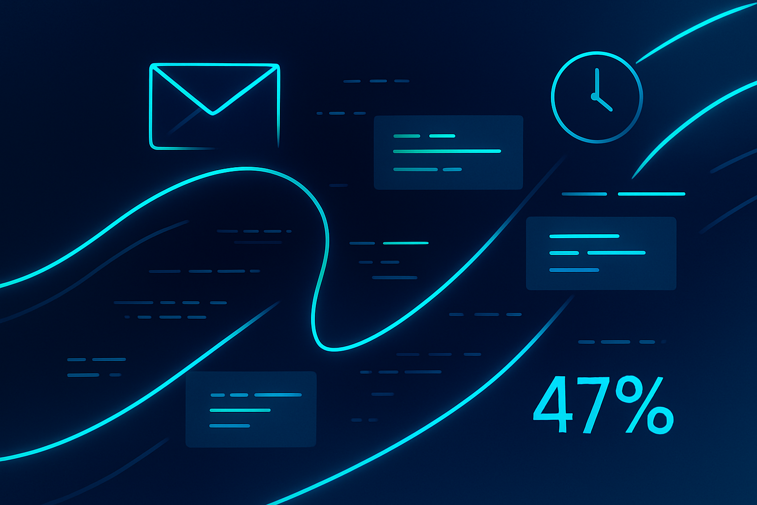 Futuristic digital scene with glowing lines, envelopes, text snippets, and time data in dark blue tones.