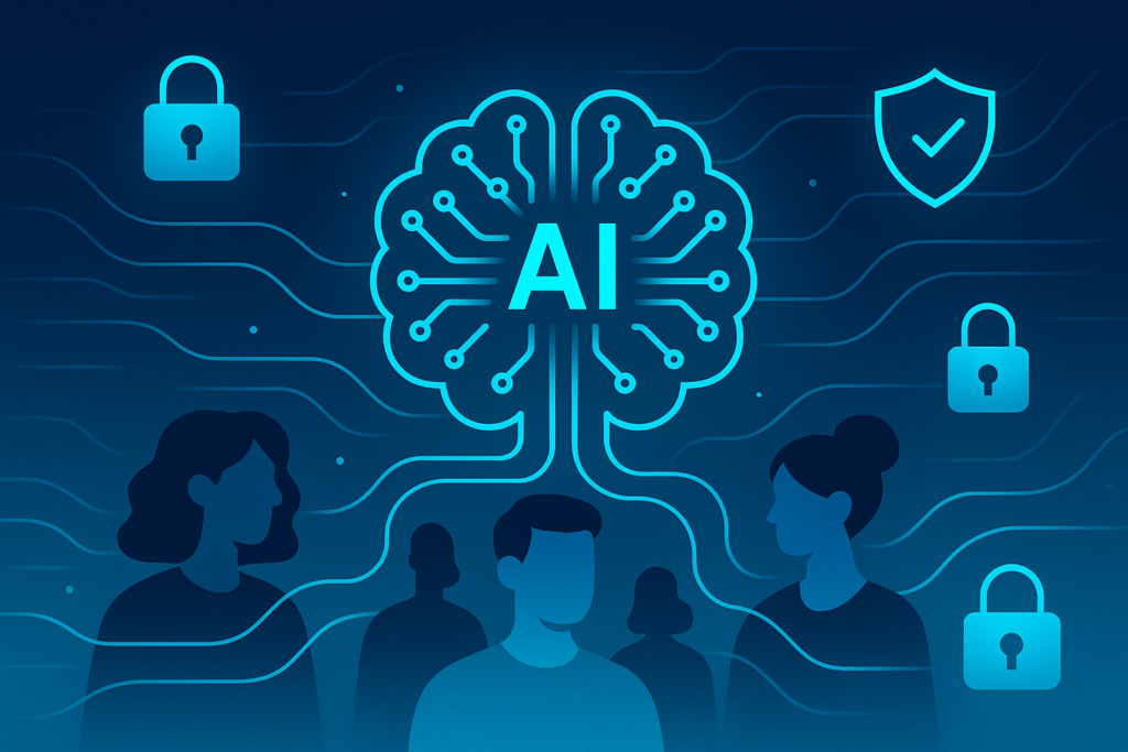 Futuristic digital scene with neural networks, diverse humans, locks, shields, and flowing data streams.