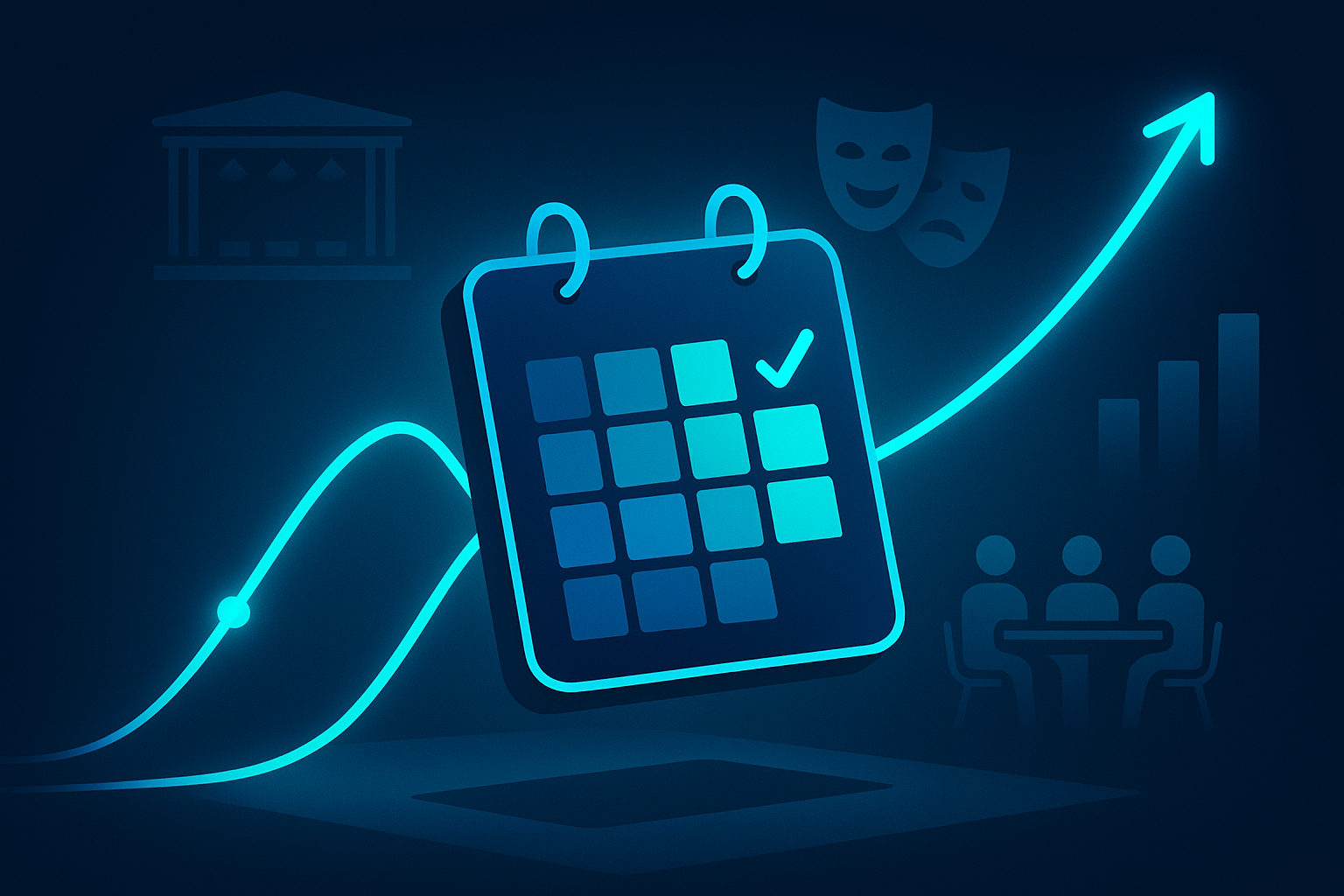 Futuristic flat illustration of abstract event icons, neon data flows, and vibrant revenue themes.