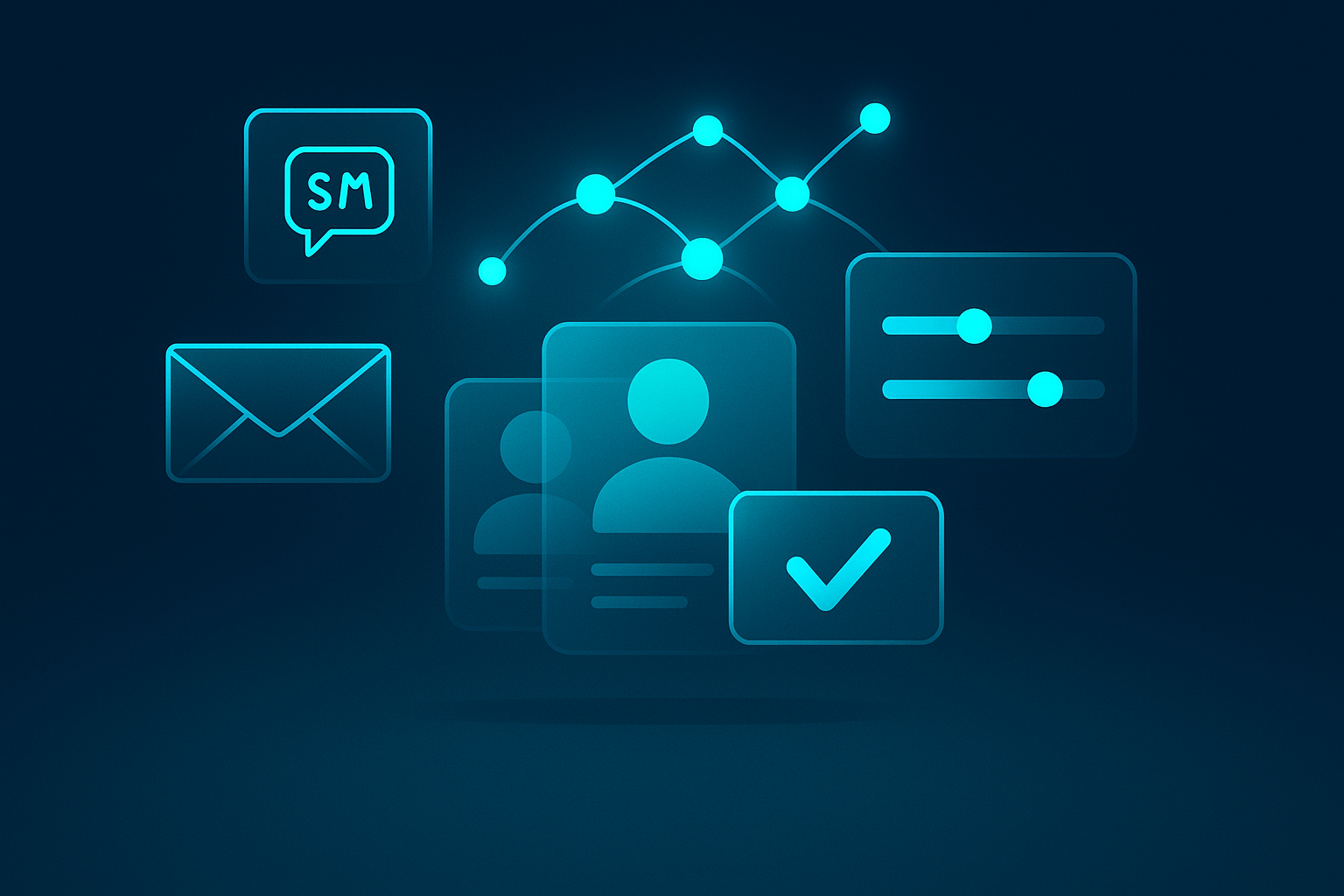 Futuristic flat illustration of contactless hotel check-in with digital icons and glowing connections.
