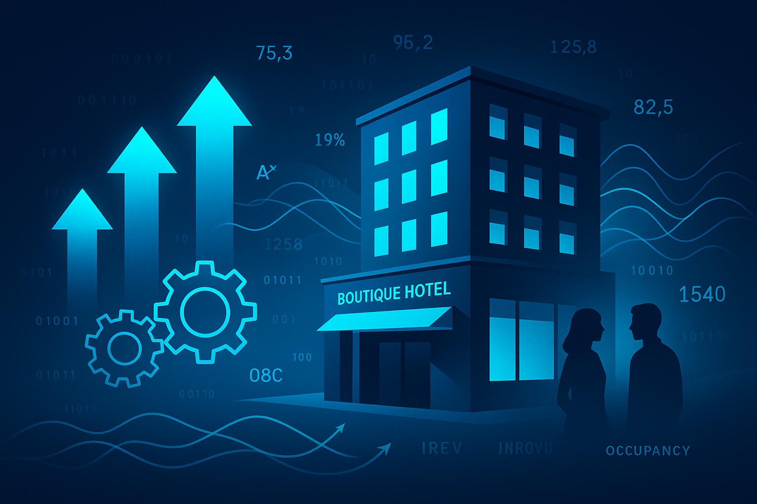 Futuristic hotel ecosystem illustration with glowing arrows, cogs, waves, and data streams.