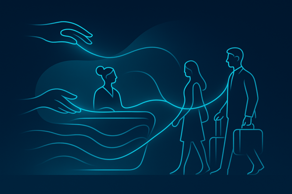 Futuristic hotel lobby with glowing cyan connections between guests and staff.