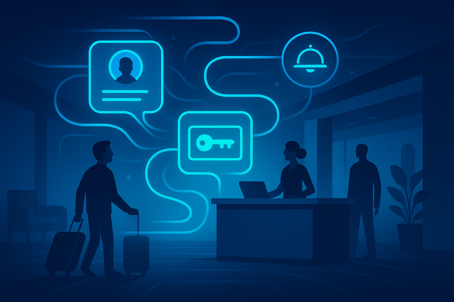 Futuristic hotel lobby with holographic profiles, digital keys, and automated service icons.