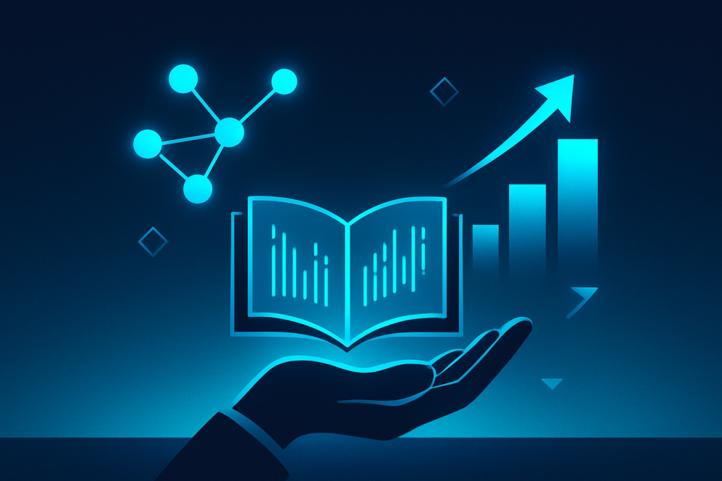 Futuristic hotel scene with glowing nodes, data streams, rising graphs, and guiding hand.