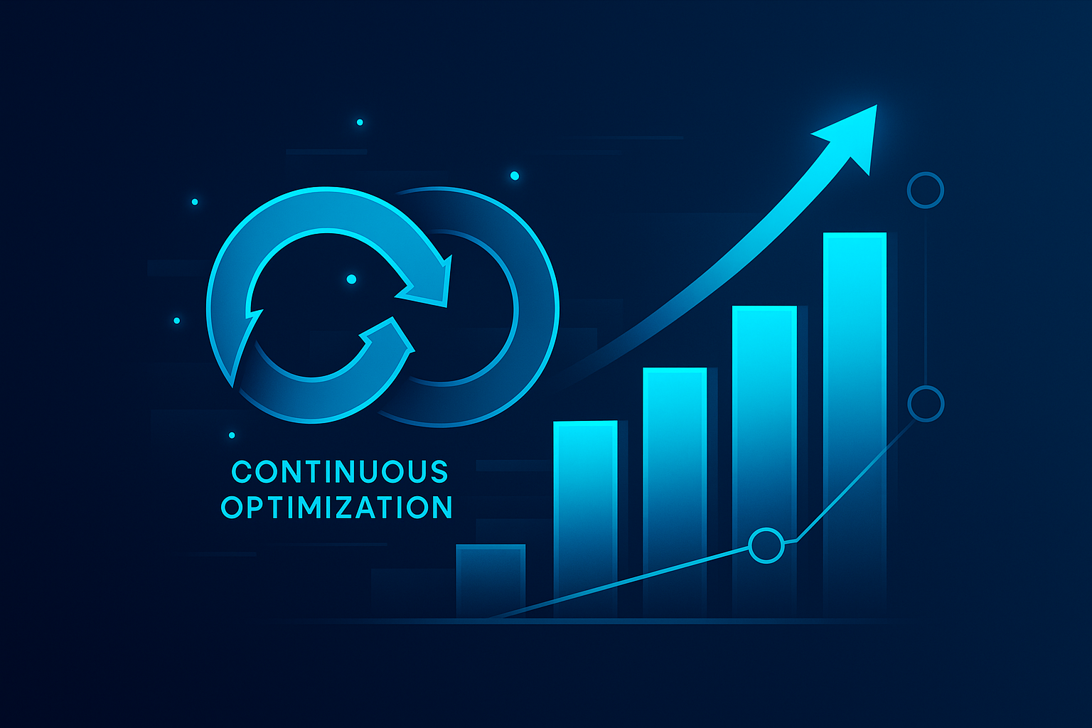 Futuristic illustration of geometric shapes with arrows and bars symbolizing optimization and growth.