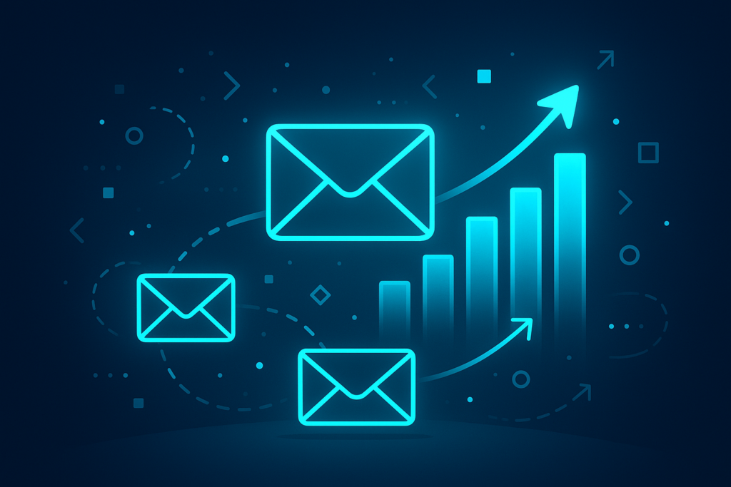 Futuristic illustration of glowing envelopes, bar graphs, and geometric shapes symbolizing email marketing growth.