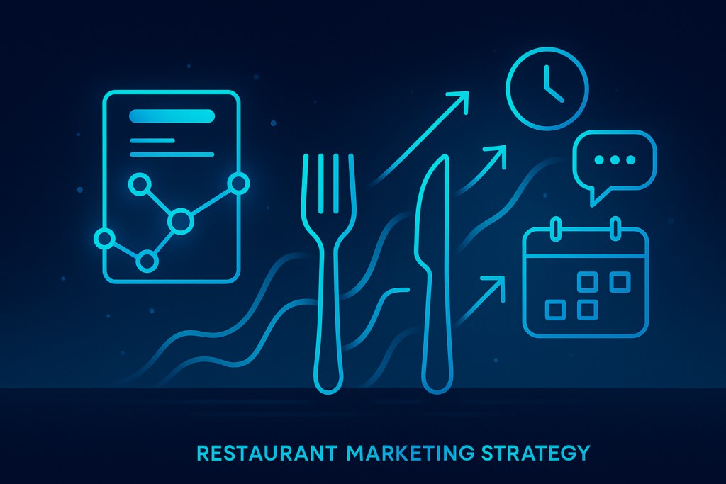 Futuristic illustration of interconnected data nodes, utensils, charts, arrows, clock, and speech bubbles.