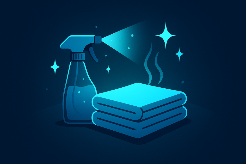 Futuristic illustration of linens, mist, and cleaning icons against dark blue and cyan background.