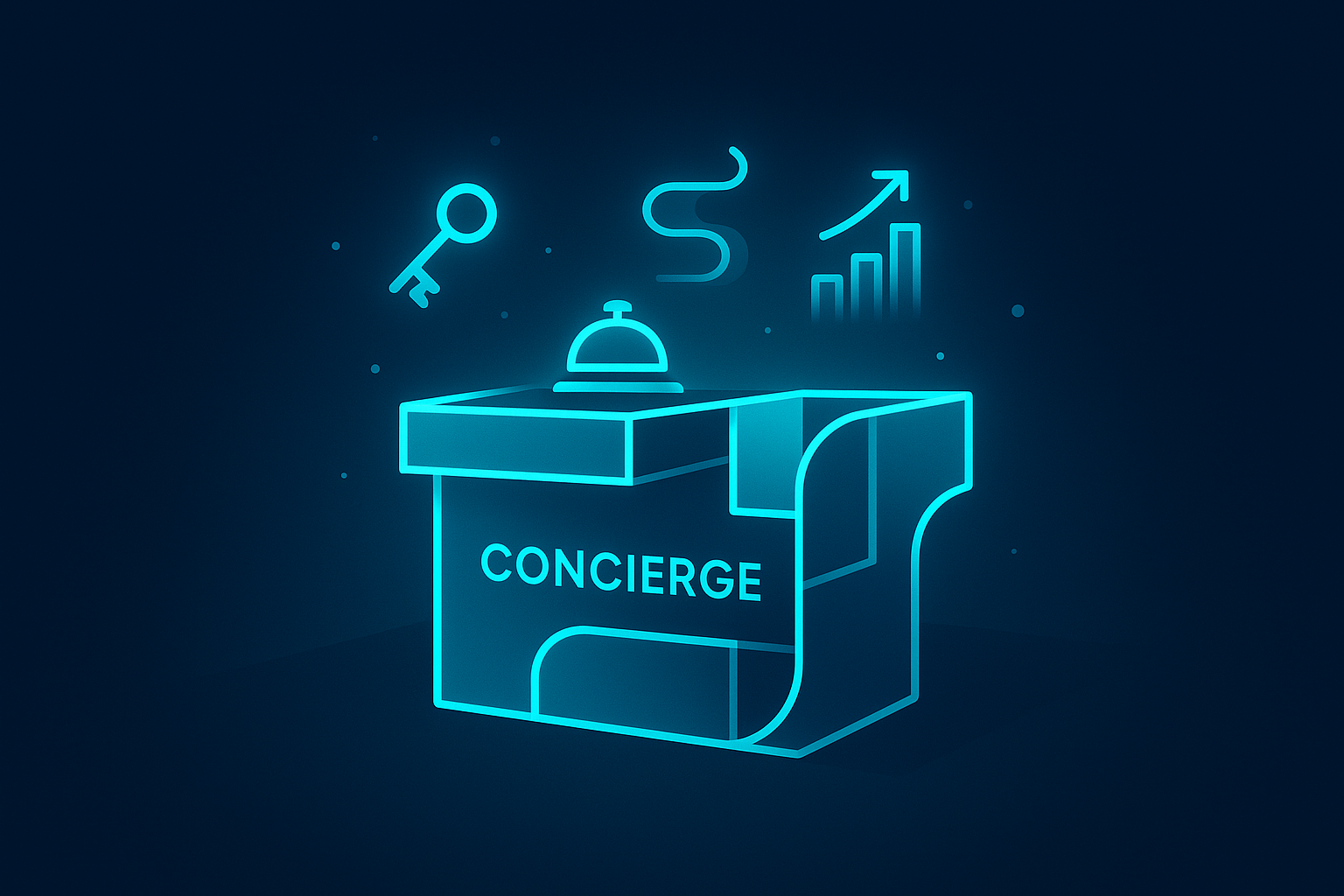 Futuristic neon concierge desk with floating icons of keys, pathways, and bar graphs.