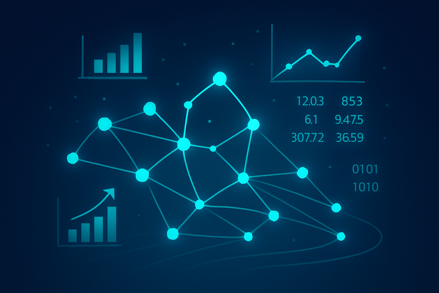 Futuristic neon cyan network with holographic charts and data streams symbolizing AI growth.