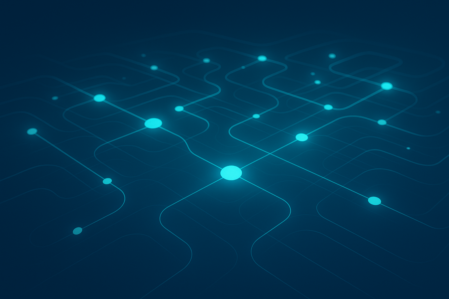 Futuristic network of glowing cyan nodes and pathways representing digital hotel advertising data.