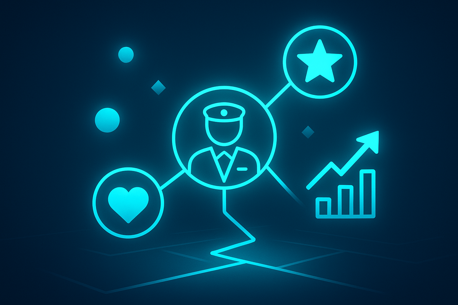 Futuristic network with glowing lines, geometric shapes, and upward arrows on dark blue background.