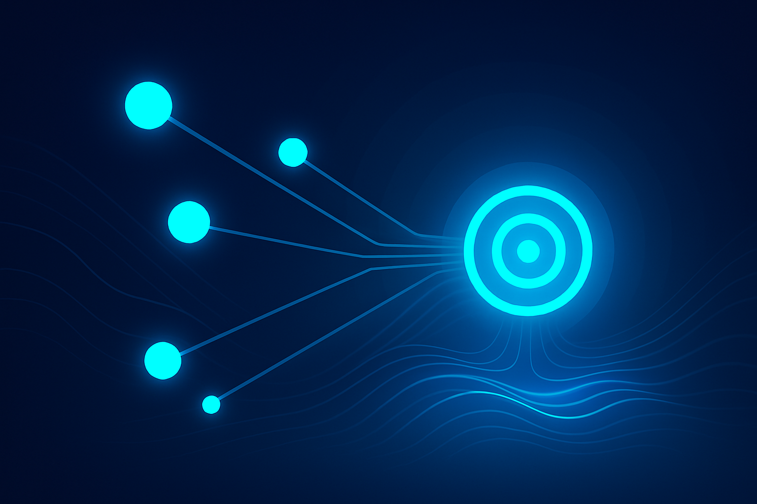 Futuristic network with glowing nodes and lines converging into a radiant core symbolizing conversions.