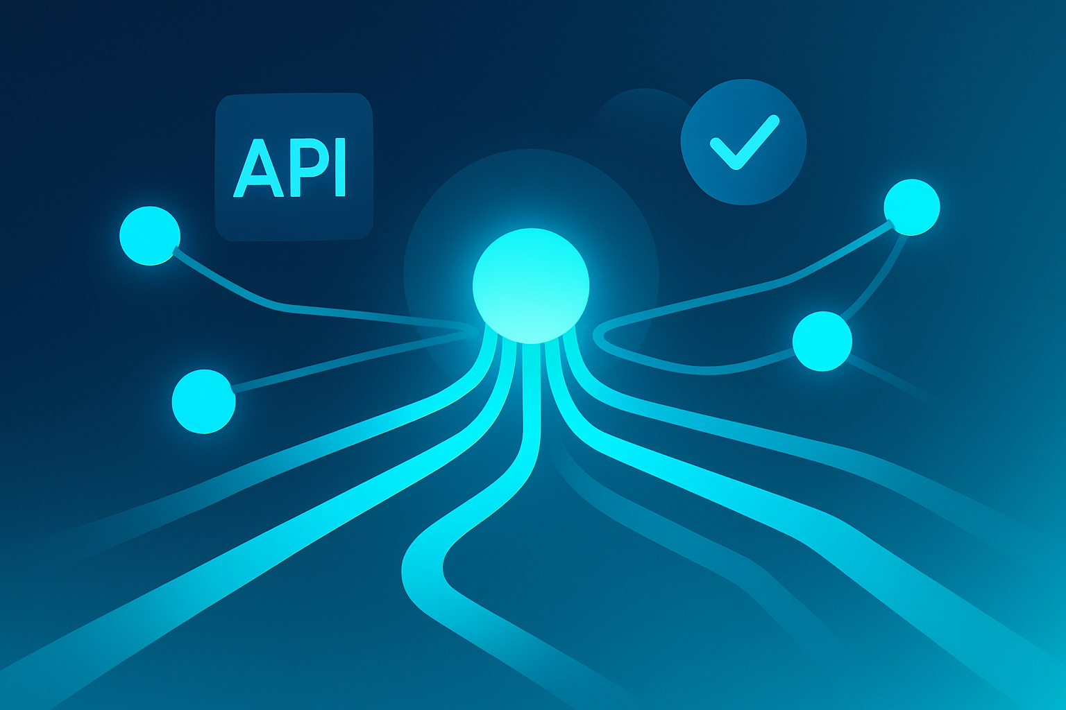 Futuristic network with glowing nodes, data streams, and geometric API symbols in dark blue and cyan.
