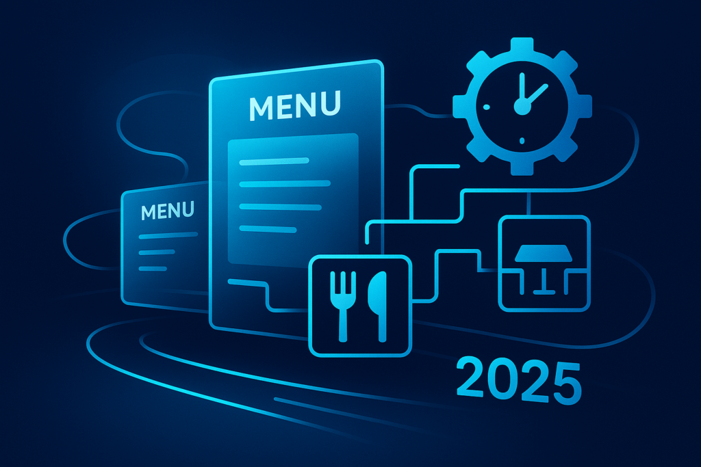 Futuristic restaurant management scene with digital menus, clock gears, utensils, and data streams.