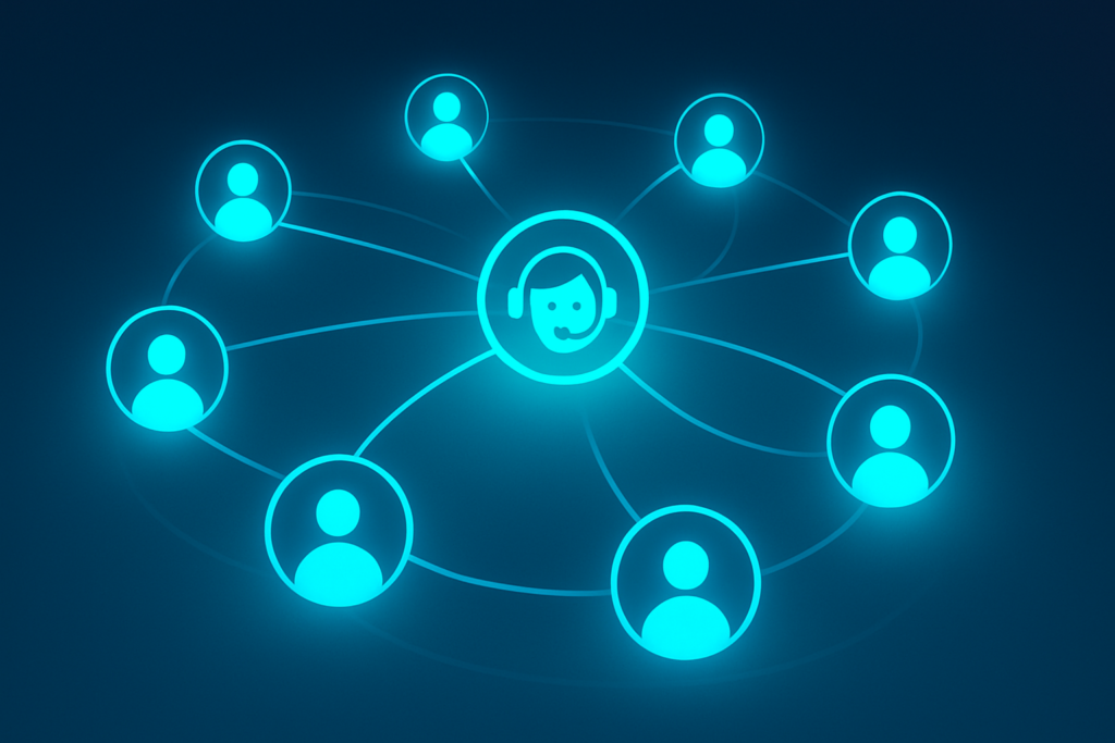 Glowing abstract network of interconnected nodes illustrating seamless communication and personalized service.