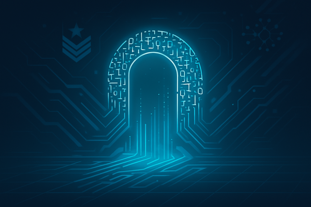 Glowing digital gateway with neon code, circuit patterns, data streams, and military-AI fusion elements.