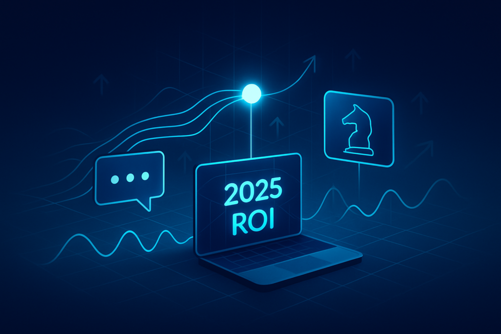 Modern abstract workspace with glowing geometric shapes, data streams, and upward arrows symbolizing growth.