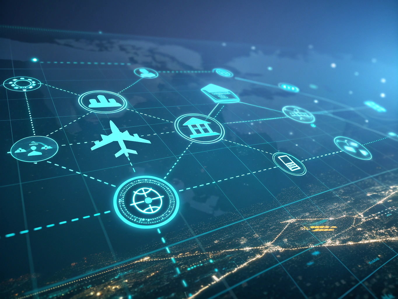 Modern digital blueprint with interconnected nodes, travel icons, and layered grids in neon cyan.