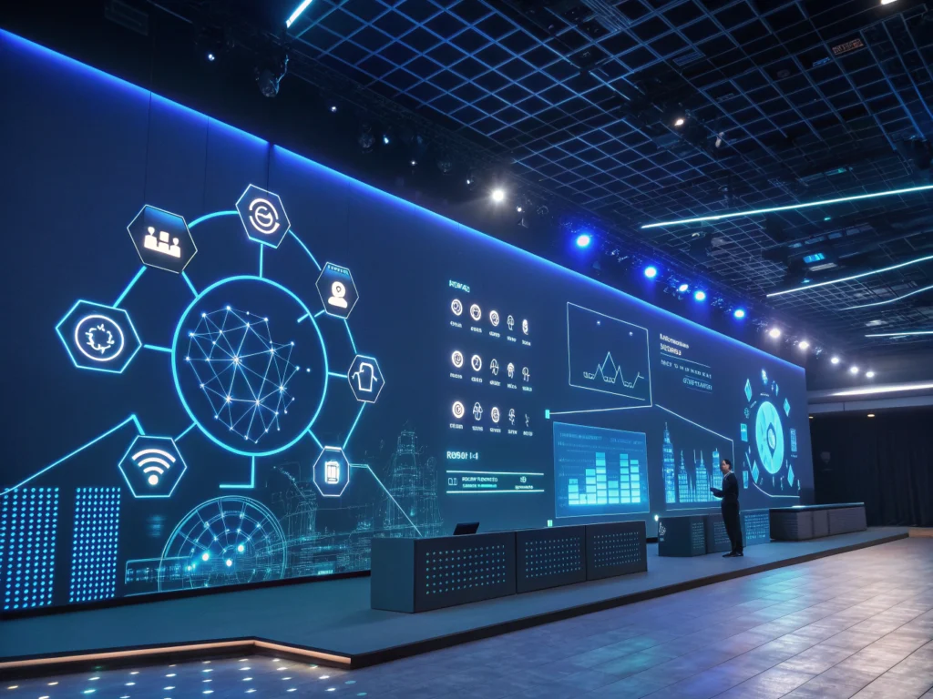 Modern digital command center with holographic nodes, data streams, network grids, and social icons.