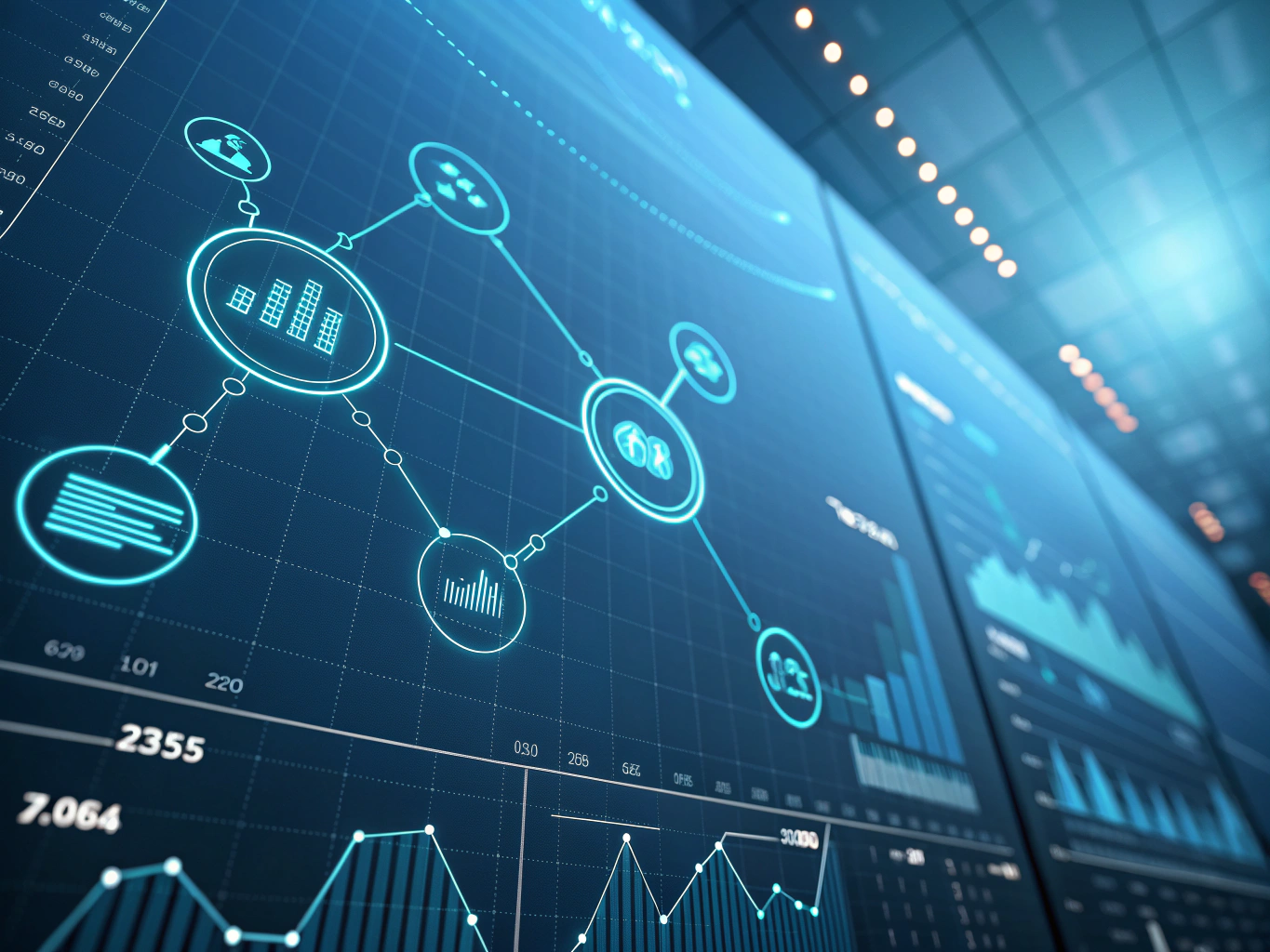 Modern digital dashboard with glowing data nodes, flowing lines, and translucent charts.