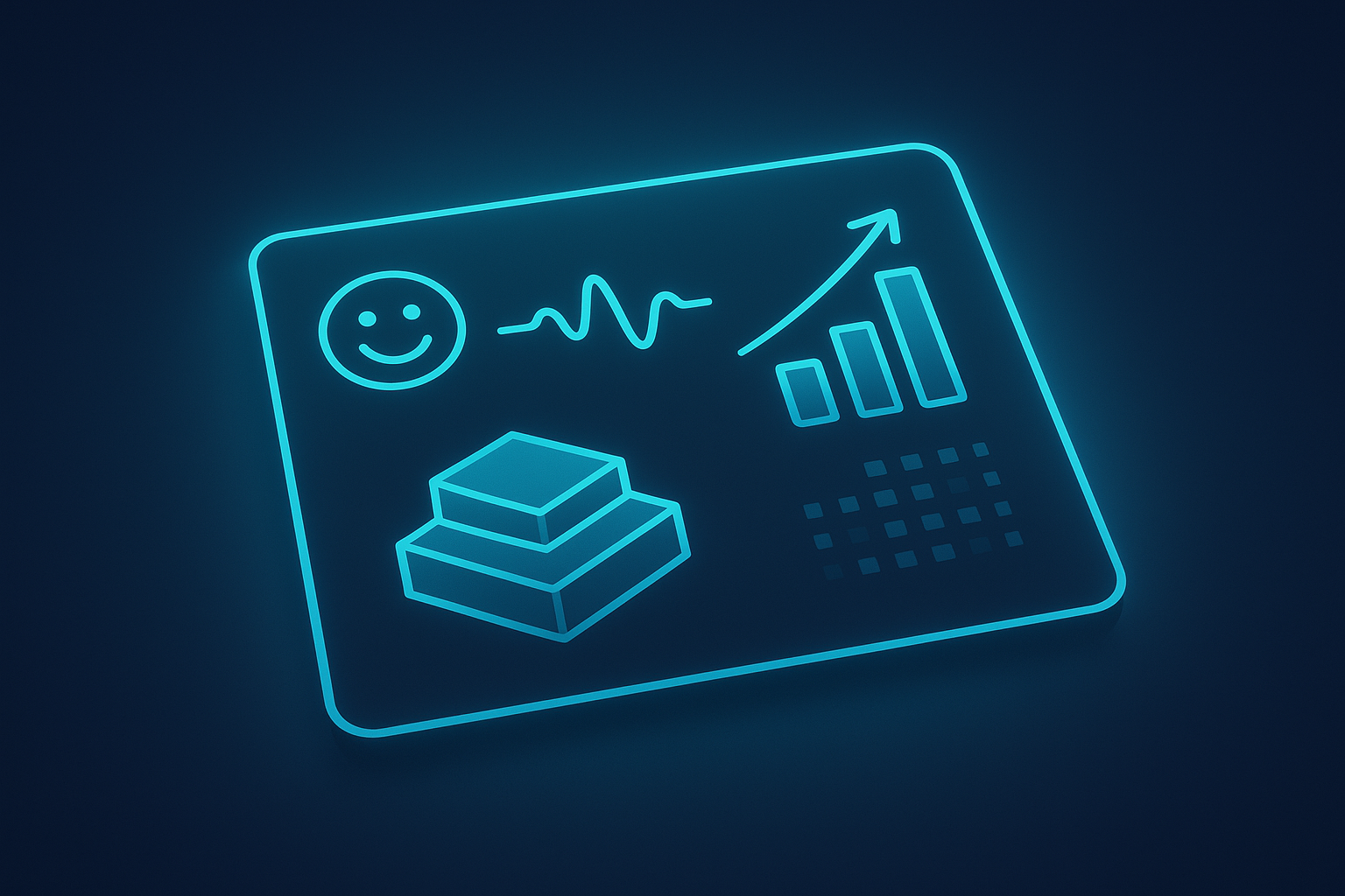 Modern digital dashboard with neon cyan icons for guest satisfaction, revenue, and no-shows.