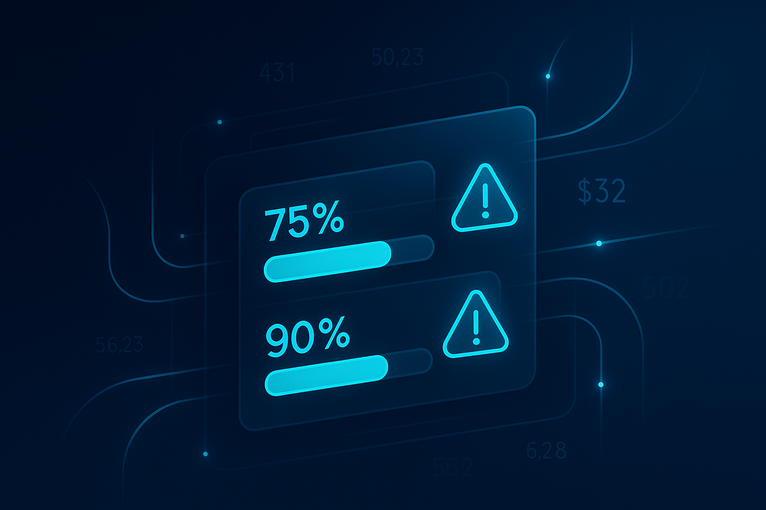 Modern digital data streams with progress bars, alert icons, and glowing network lines in dark blue and cyan.