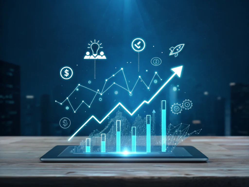 Modern digital data visualization with glowing lines, graphs, arrows, and analytics icons.