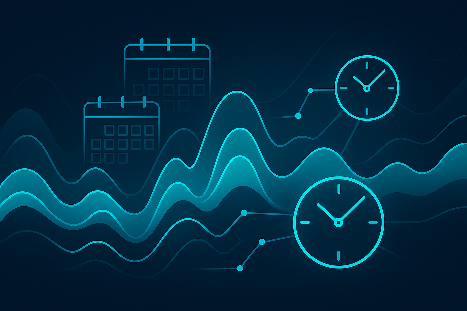 Modern digital illustration of fluctuating sound waves, calendars, and clocks representing 24/7 hospitality services.