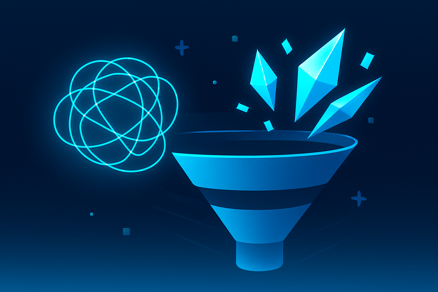 Modern digital infographic with network threads, data shards, and a funnel on dark blue background.