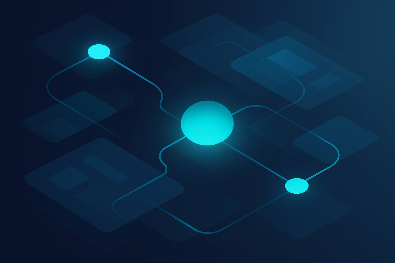 Modern digital network with glowing nodes and geometric shapes in dark neon-lit space.