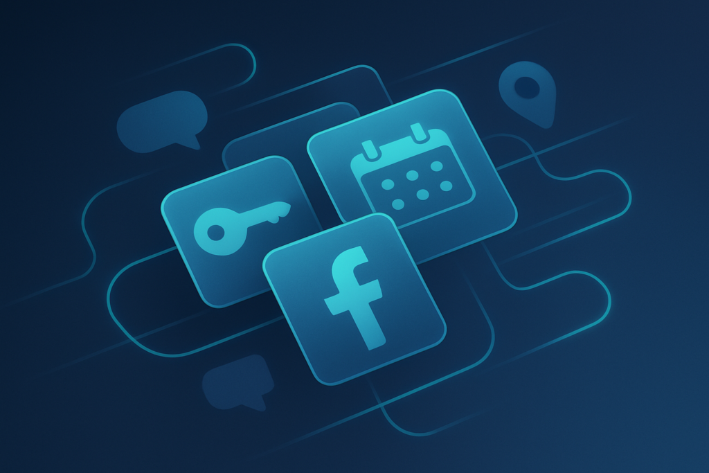 Modern digital nexus with floating translucent panels, neon cyan connections, and abstract social icons.