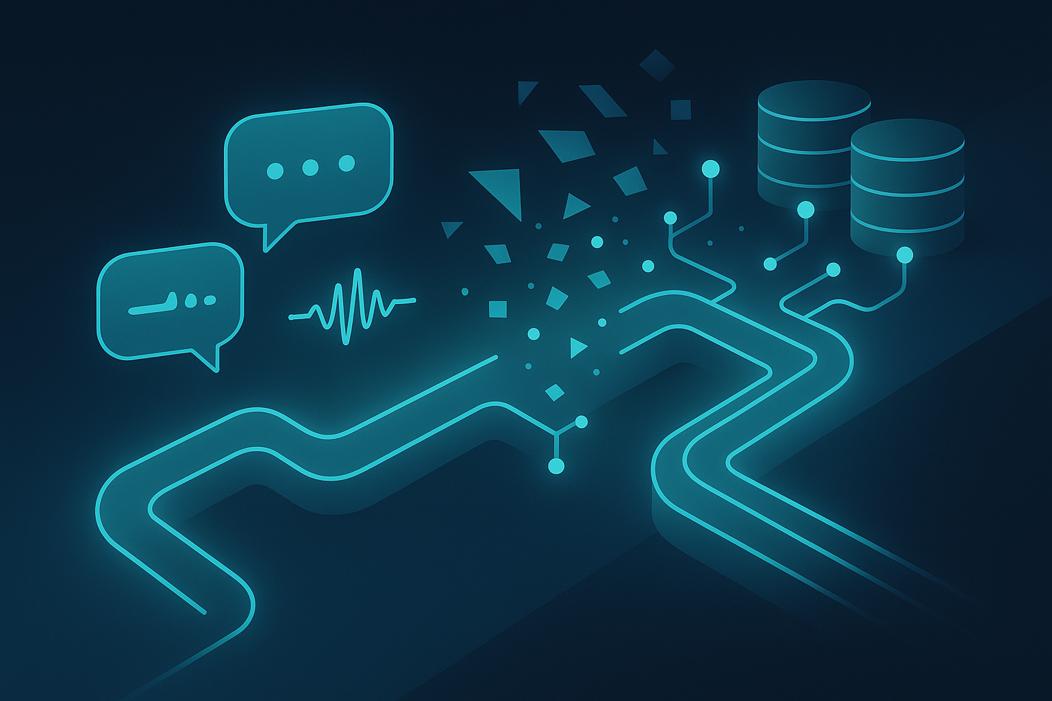 Modern digital pipeline with glowing cyan lines, speech bubbles, waveforms, and geometric NLP elements.