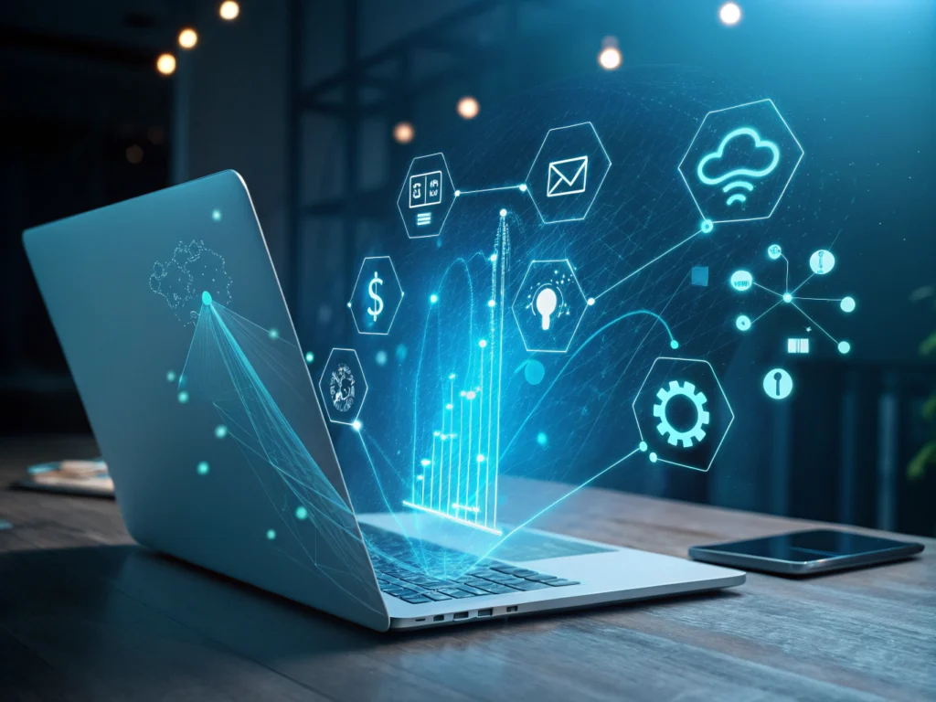 Modern digital workspace with abstract data streams, icons, and geometric shapes in neon blue and cyan.