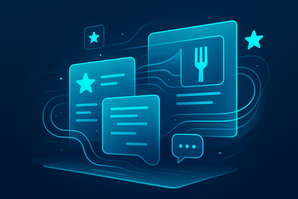 Modern digital workspace with floating screens, icons, and flowing data streams in neon blue.